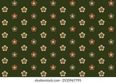 Seamless pattern with abstract flower doodle drawing in yellow red and green on green background. Vector illustration. For masculine shirt lady dress textile wallpaper cover decoration