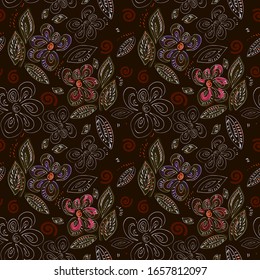 Seamless pattern. Abstract flower, leaves on a dark brown background. Vector illustration.