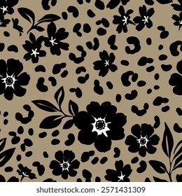 Seamless pattern with abstract flower, leaves and leopard print silhouette. Brown background with blossoming black flower and exotic wild animal spot. Floral wallpaper. Vector stock illustration.