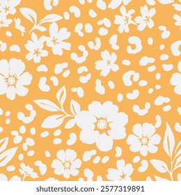 Seamless pattern with abstract flower, leaves and leopard print silhouette. Yellow background with blossoming white flower and exotic wild animal spot. Floral wallpaper. Vector stock illustration.