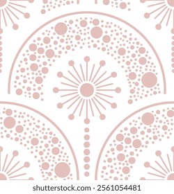 Seamless pattern with abstract flower with polka dot arc on white background.