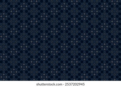 Seamless pattern with abstract flower and stitches in blue and gray on dark blue background. Vector illustration. For masculine shirt lady dress textile wallpaper cover decoration