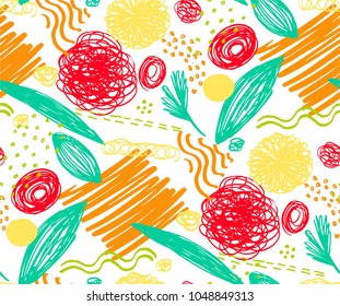 Seamless pattern with abstract flowers. Background with spots and splashes of paint. Watercolor art. Fashion drawing for women's clothes.