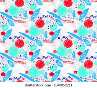 Seamless pattern with abstract flowers. Background with spots and splashes of paint. Watercolor art. Fashion drawing for women's clothes.