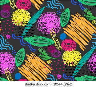 Seamless pattern with abstract flowers. Background with spots and splashes of paint. Watercolor art. Fashion drawing for women's clothes.