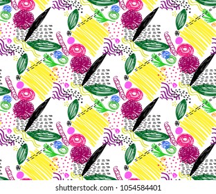 Seamless pattern with abstract flowers. Background with spots and splashes of paint. Watercolor art. Fashion drawing for women's clothes.