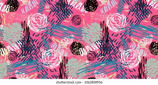 Seamless pattern with abstract flowers. Background with spots and splashes of paint. Watercolor art. Fashion drawing for women's clothes.