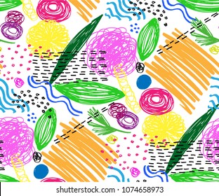 Seamless pattern with abstract flowers. Background with spots and splashes of paint. Watercolor art. Fashion drawing for women's clothes.