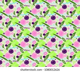 Seamless pattern with abstract flowers. Background with spots and splashes of paint. Watercolor art. Fashion drawing for women's clothes.