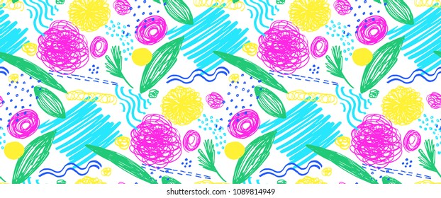 Seamless pattern with abstract flowers. Background with spots and splashes of paint. Watercolor art. Fashion drawing for women's clothes.