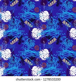 Seamless pattern with abstract flowers. Background with spots and splashes of paint. Watercolor art. Fashion drawing for women's clothes.