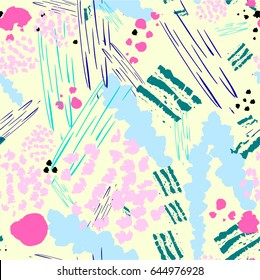 Seamless pattern with abstract flowers. Background with spots and splashes of paint. Watercolor art. Fashion drawing for women's clothes.