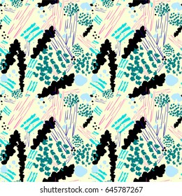 Seamless pattern with abstract flowers. Background with spots and splashes of paint. Watercolor art. Fashion drawing for women's clothes.