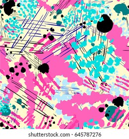 Seamless pattern with abstract flowers. Background with spots and splashes of paint. Watercolor art. Fashion drawing for women's clothes.