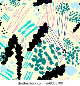 Seamless pattern with abstract flowers. Background with spots and splashes of paint. Watercolor art. Fashion drawing for women's clothes.
