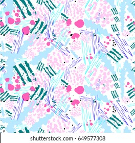 Seamless pattern with abstract flowers. Background with spots and splashes of paint. Watercolor art. Fashion drawing for women's clothes.