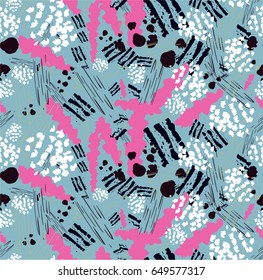 Seamless pattern with abstract flowers. Background with spots and splashes of paint. Watercolor art. Fashion drawing for women's clothes.