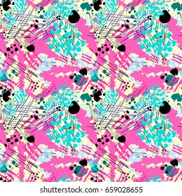 Seamless pattern with abstract flowers. Background with spots and splashes of paint. Watercolor art. Fashion drawing for women's clothes.