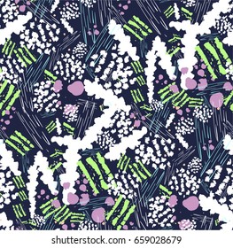 Seamless pattern with abstract flowers. Background with spots and splashes of paint. Watercolor art. Fashion drawing for women's clothes.