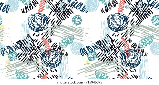 Seamless pattern with abstract flowers. Background with spots and splashes of paint. Watercolor art. Fashion drawing for women's clothes.