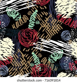 Seamless pattern with abstract flowers. Background with spots and splashes of paint. Watercolor art. Fashion drawing for women's clothes.