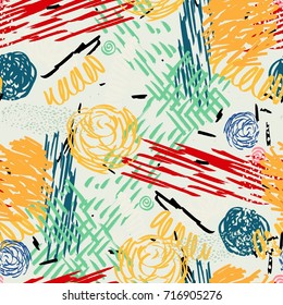 Seamless pattern with abstract flowers. Background with spots and splashes of paint. Watercolor art. Fashion drawing for women's clothes.