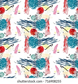 Seamless pattern with abstract flowers. Background with spots and splashes of paint. Watercolor art. Fashion drawing for women's clothes.