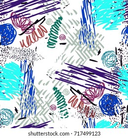 Seamless pattern with abstract flowers. Background with spots and splashes of paint. Watercolor art. Fashion drawing for women's clothes.