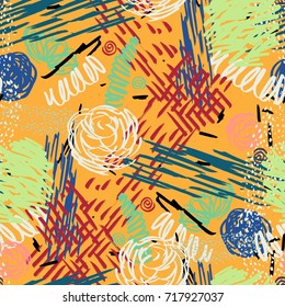 Seamless pattern with abstract flowers. Background with spots and splashes of paint. Watercolor art. Fashion drawing for women's clothes.
