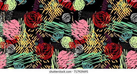 Seamless pattern with abstract flowers. Background with spots and splashes of paint. Watercolor art. Fashion drawing for women's clothes.