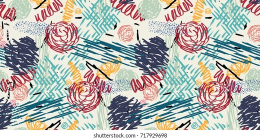 Seamless pattern with abstract flowers. Background with spots and splashes of paint. Watercolor art. Fashion drawing for women's clothes.