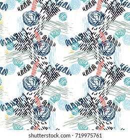 Seamless pattern with abstract flowers. Background with spots and splashes of paint. Watercolor art. Fashion drawing for women's clothes.