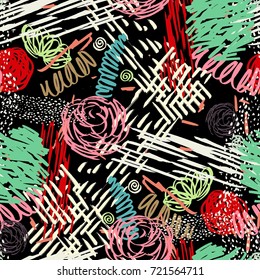 Seamless pattern with abstract flowers. Background with spots and splashes of paint. Watercolor art. Fashion drawing for women's clothes.
