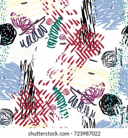 Seamless pattern with abstract flowers. Background with spots and splashes of paint. Watercolor art. Fashion drawing for women's clothes.