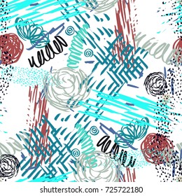 Seamless pattern with abstract flowers. Background with spots and splashes of paint. Watercolor art. Fashion drawing for women's clothes.