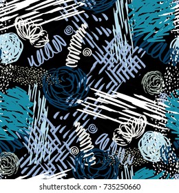 Seamless pattern with abstract flowers. Background with spots and splashes of paint. Watercolor art. Fashion drawing for women's clothes.