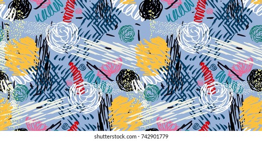 Seamless pattern with abstract flowers. Background with spots and splashes of paint. Watercolor art. Fashion drawing for women's clothes.