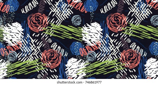 Seamless pattern with abstract flowers. Background with spots and splashes of paint. Watercolor art. Fashion drawing for women's clothes.