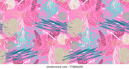 Seamless pattern with abstract flowers. Background with spots and splashes of paint. Watercolor art. Fashion drawing for women's clothes.