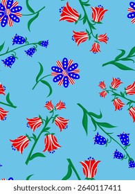 seamless pattern with abstract flowers and bells in usa flag colors for fourth of july celebration web design poster decor