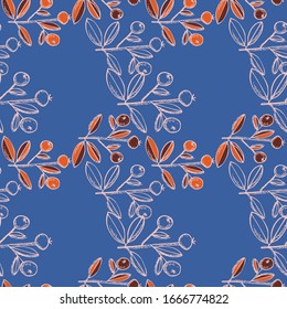 Seamless pattern of abstract flowers, berries and leaves. Floral ornament painted with brush texture. Design for textile, paper, fabric, packaging, ceramics, bedding. Vector illustration