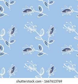 Seamless pattern of abstract flowers, berries and leaves. Floral ornament painted with brush texture. Design for textile, paper, fabric, packaging, ceramics, bedding. Vector illustration