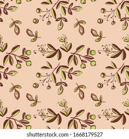 Nahtlose Muster abstrakter Blumen, Beeren und Blätter. Blumenschmuck mit Pinselstruktur bemalt. Design für Textilien, Papier, Gewebe, Verpackung, Keramik, Betten. Vektorillustration