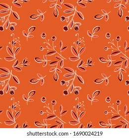 Patrón transparente de flores abstractas, bayas y hojas. Comedor floral pintado con textura de brocha. Diseño para textiles, papel, tela, embalaje, cerámica, ropa de cama. Ilustración del vector