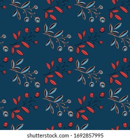 Seamless pattern of abstract flowers, berries and leaves. Floral ornament painted with brush texture. Design for textile, paper, fabric, packaging, ceramics, bedding. Vector illustration