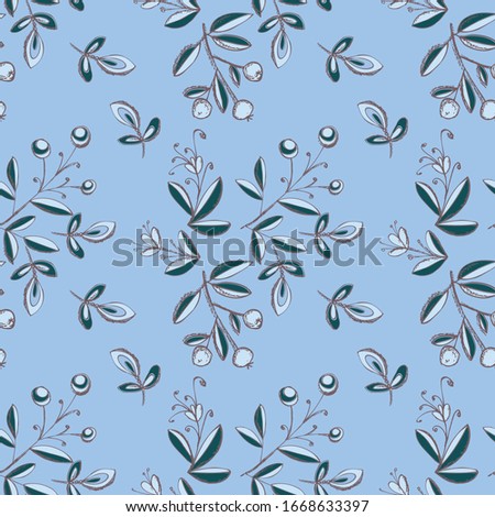 Seamless pattern of abstract flowers, berries and leaves. Floral ornament painted with brush texture. Design for textile, paper, fabric, packaging, ceramics, bedding. Vector illustration