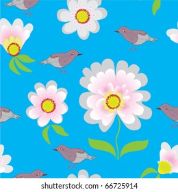 Seamless pattern with abstract flowers and birds