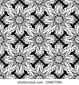 Seamless pattern with abstract flowers. Black and white hand-drawn floral background.