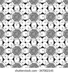 Seamless pattern with abstract flowers. Black and white hand-drawn floral background.