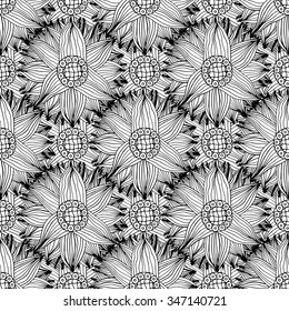 Seamless pattern with abstract flowers. Black and white hand-drawn floral background.